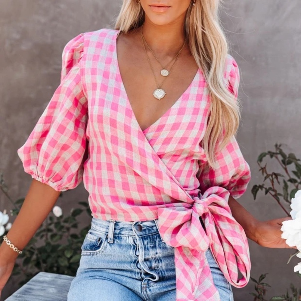 🎀HP🎀 VICI PALERMO LINEN PUFF SLEEVE GINGHAM WRAP TOP, L